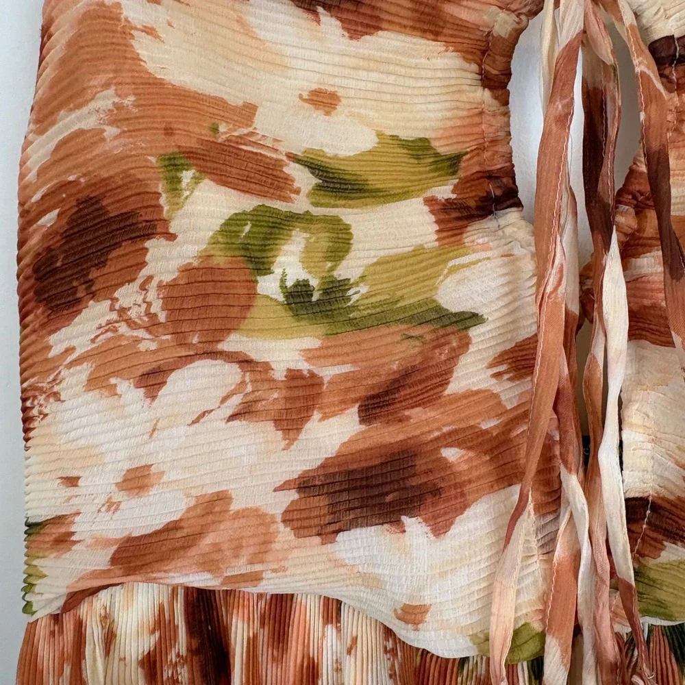 Abercrombie & Fitch Orange Floral Plisse Strapless Keyhole Maxi Dress M Wedding